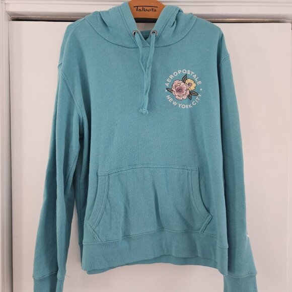Aeropostale NYC Teal Floral Large Hooded Sweatshirt - Picture 1 of 8